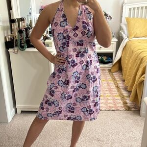Y2K Rave Dress XL Sleeveless Floral Halter Open Back Purple Vintage USA Cotton